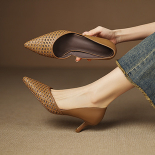里外全皮女鞋头层牛皮细跟尖头侧空浅口编织单鞋法式复古高跟鞋子