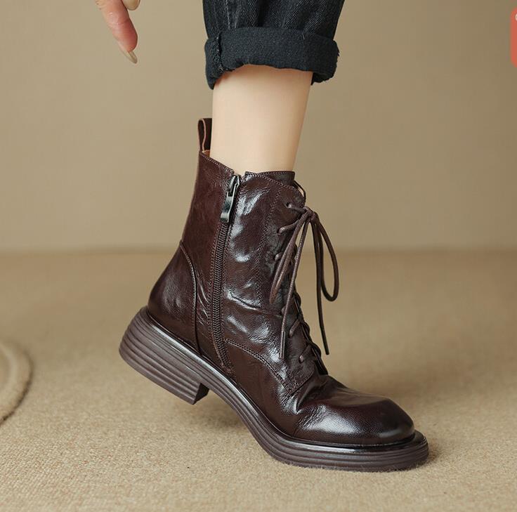 马丁靴猪皮橡胶底短靴