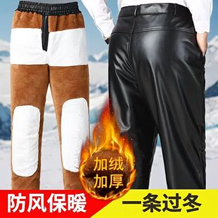 冬户外工作保暖棉裤 加绒加厚防风防水皮棉裤 摩托车电动车骑行皮裤
