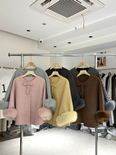 韩系蝴蝶结圆领双面羊毛大衣女狐狸毛袖 口名媛气质斗篷短羊毛外套