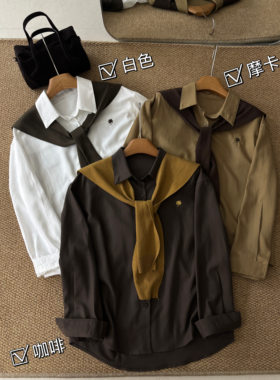 韩系配针织拼接衬衫女早秋新款纯色ins潮宽松单排扣衬衣长袖上衣