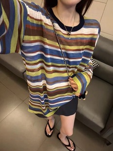 上衣女百搭减龄潮 2025年夏季 韩版 宽松显瘦圆领长袖 拼色条纹针织衫