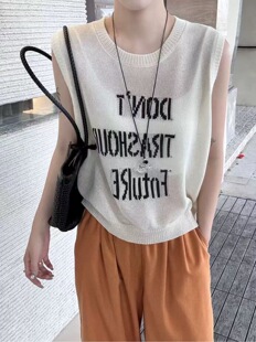 韩系宽松显瘦圆领无袖 2025年夏季 字母针织冰丝马甲背心女上衣潮