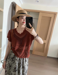 缤典正品2024夏V领镂空针织衫女短袖套头宽松显瘦百搭上衣小个子