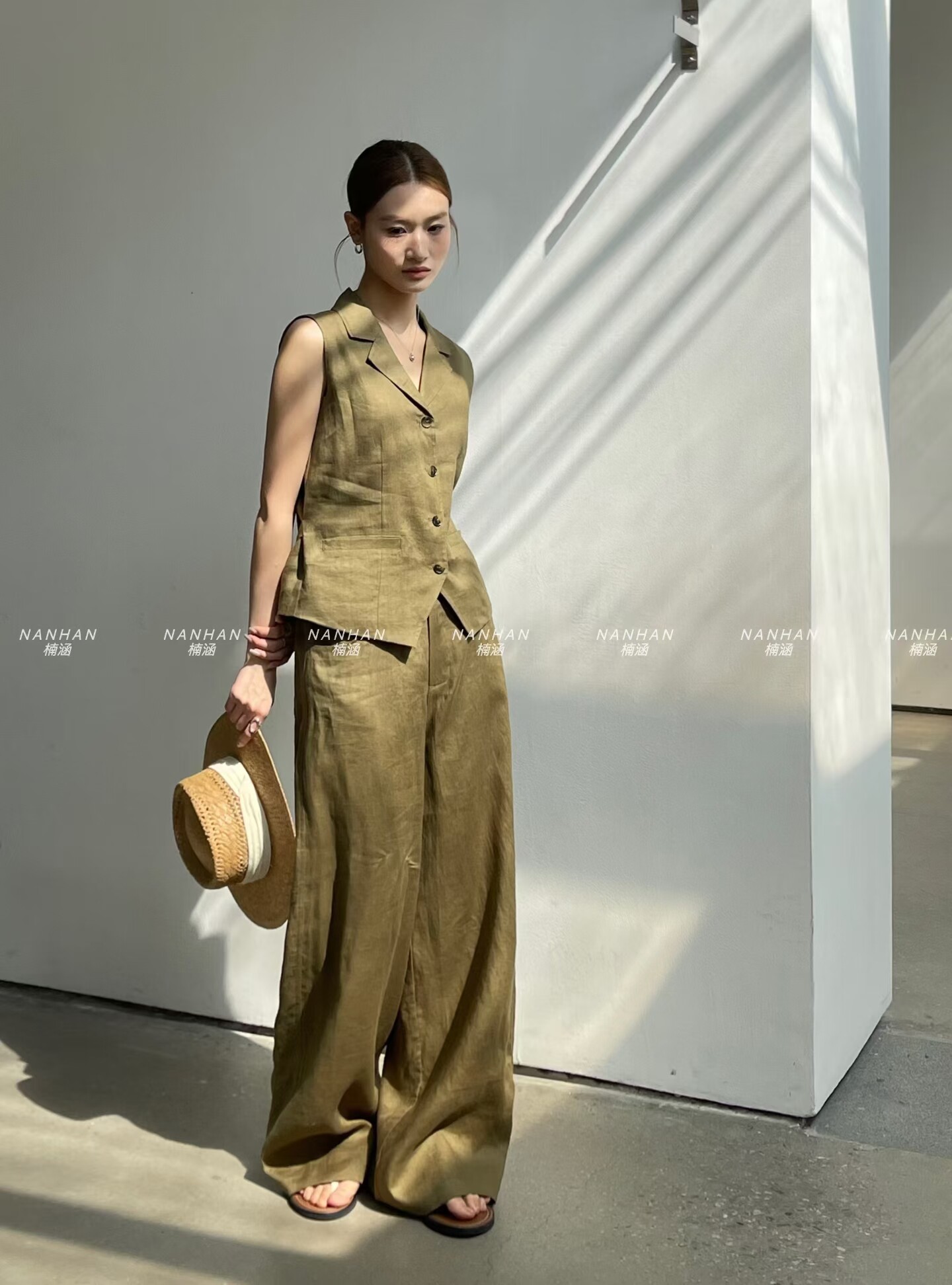 楠涵2026春款时尚套装女亚麻马甲+阔腿裤两件套时尚休闲气质套装