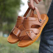 凉鞋 牛筋底防滑中老年凉拖鞋 夏季 男士 正品 真牛皮休闲沙滩鞋 爸爸鞋