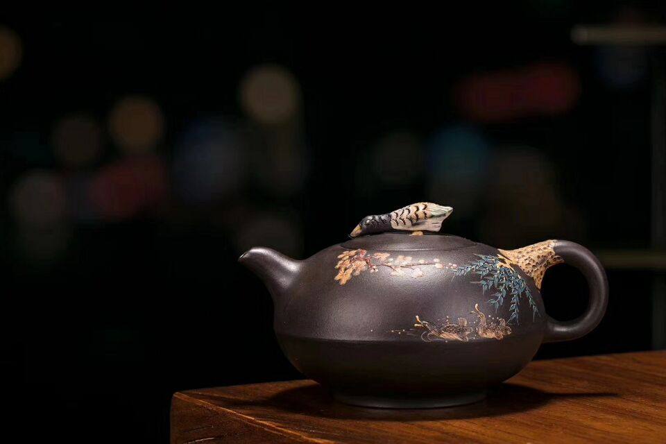 宜兴紫砂壶名家朱鸿钧纯手工原矿黑金砂春江水暖鸭先知泡茶壶家用