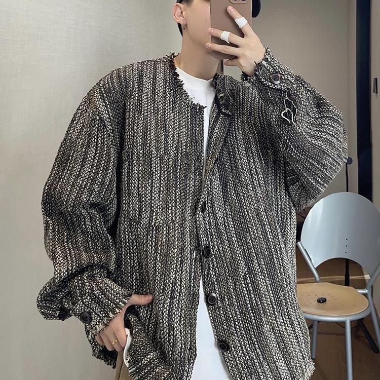 编织毛边无领夹克外套男