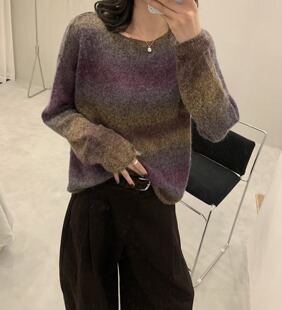 2026春扎染韩系慵懒风宽松显瘦圆领套头一字领毛衣女针织衫上衣