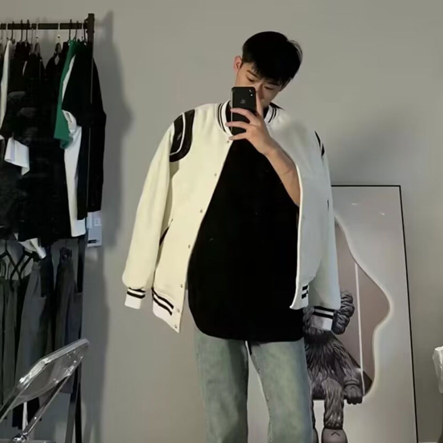 白色拼色短款棒球服外套男春秋季韩版潮流高级感立领毛呢飞行夹克