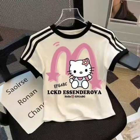 女童纯棉T恤上衣短袖印花三条杆2025新款设计感ins风修身短款外穿