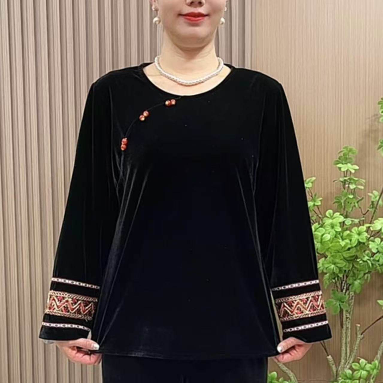 8751打底衫女春秋新款气质妈妈装中老年女装新中式圆领丝绒衫,女装/女士精品,时尚套装,淘宝优惠券,粉丝福利购,淘宝优惠卷