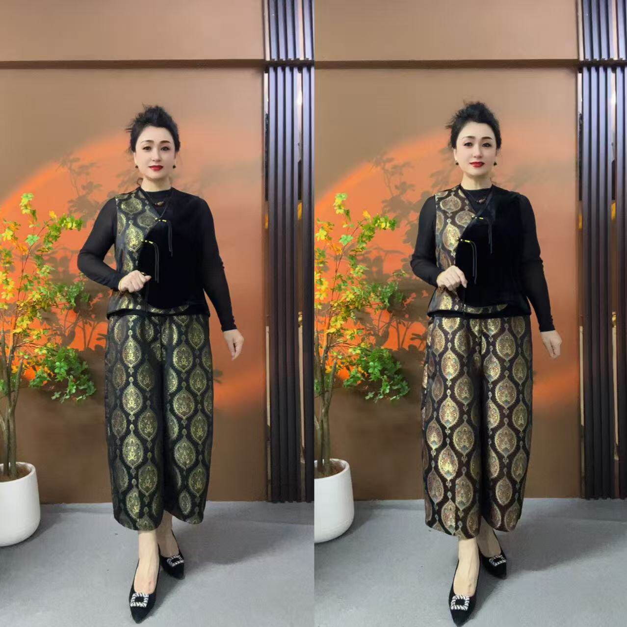 A215新款简约时尚拼接马甲两件套马甲裤子中老年女装气质高档套装
