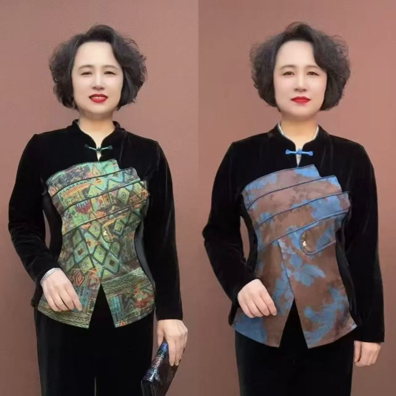 MM-秋冬新款高档妈妈装丝绒上衣中老年女装拼接旗袍立领小衫