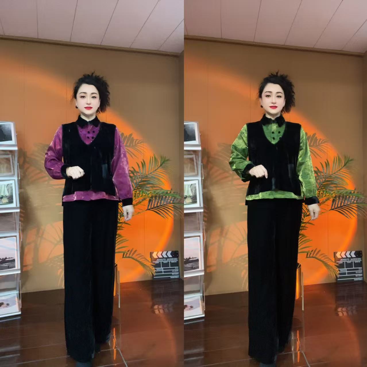 8901秋冬新款时尚套装女V领百搭丝绒马甲+长袖衬衫裤子套装