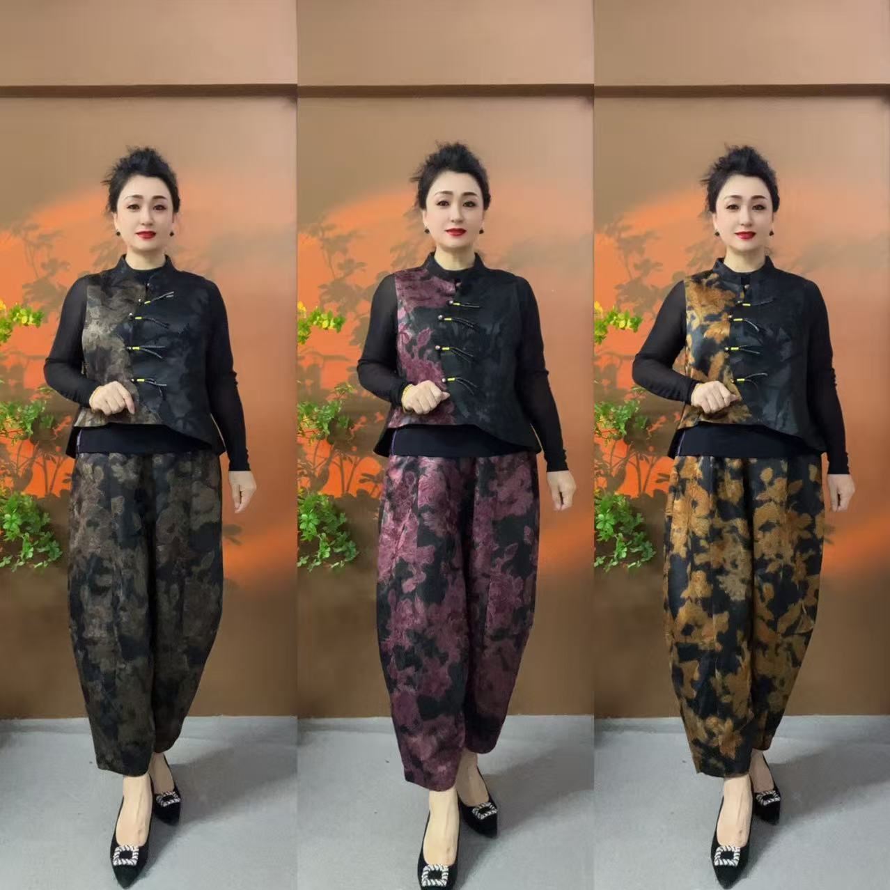 A190-秋季印花民族风宽松型马甲裤子中老年女装气质高档套装