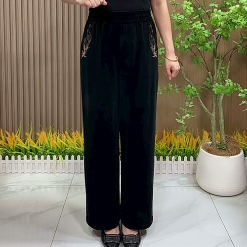 5125妈妈装秋装丝绒刺绣直筒裤新款中老年女装百搭松紧腰裤子