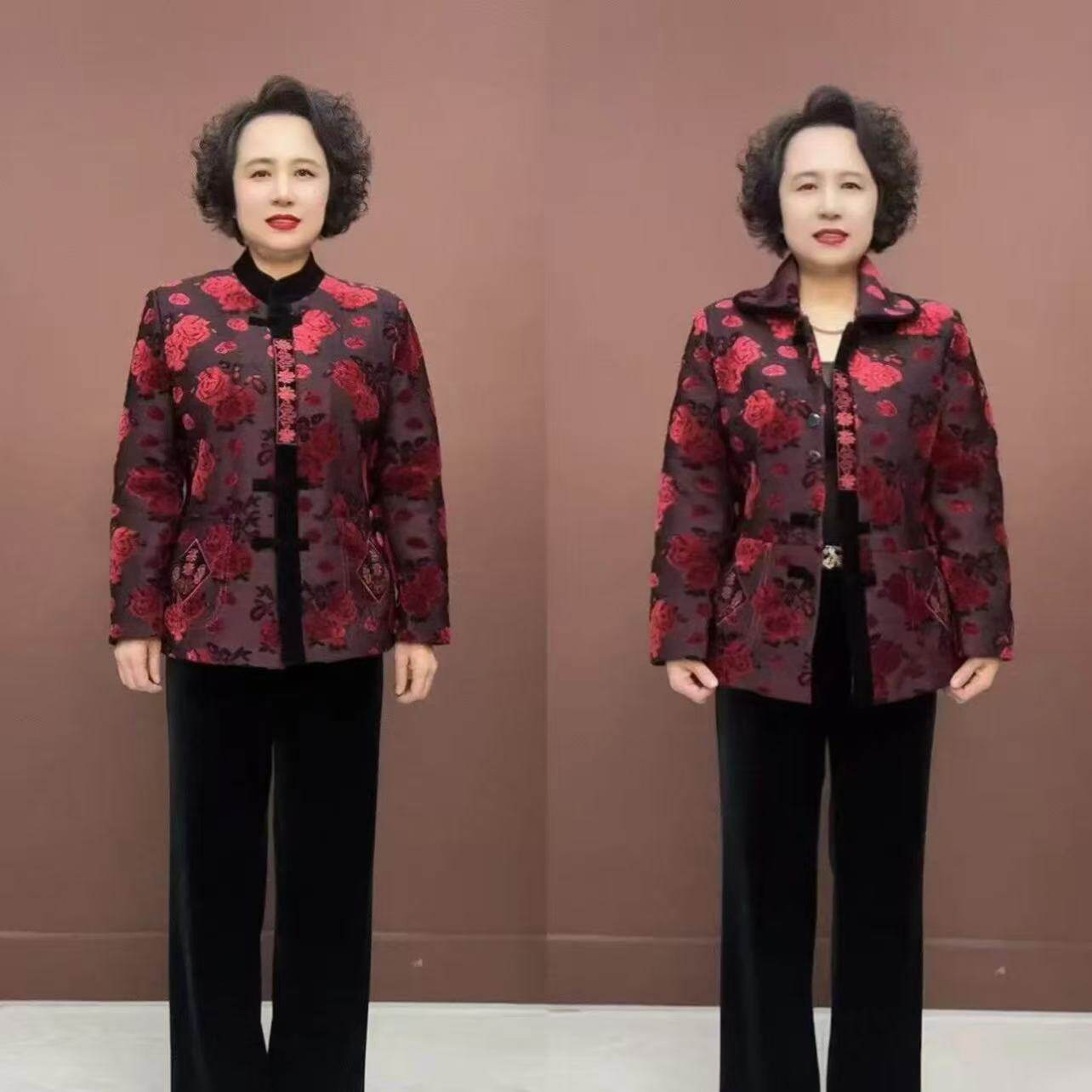 新春中老年女装妈妈装唐装加绒提花大红新年外套
