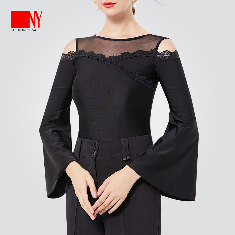 NY纳艺拉丁舞服黑色香肩连体上衣女国标舞摩登舞舞蹈练功服22223S