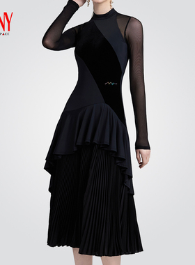 NY纳艺压褶练习裙黑色冰丝摩登裙拉丁舞服女士练功服连衣裙22237M