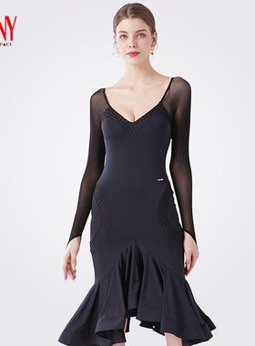 NY纳艺舞蹈裙大V领拼接拉丁裙女国标舞练功服连衣裙长裙181024LD
