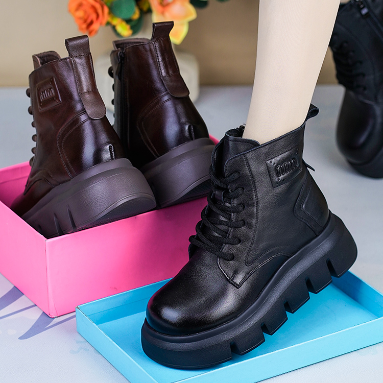 冬季新款真皮厚底加绒马丁短靴女