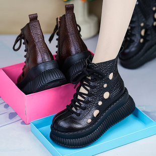 2025夏季新款马丁靴女复古短靴真皮厚底镂空洞洞凉鞋小个子增高鞋