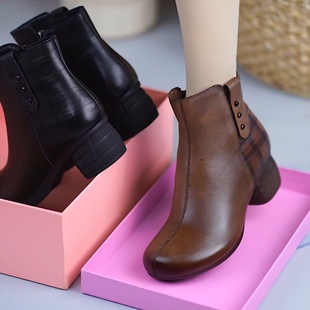 民族风复古真皮侧拉链粗跟单靴中跟舒适马丁靴女短靴 2025春秋新款