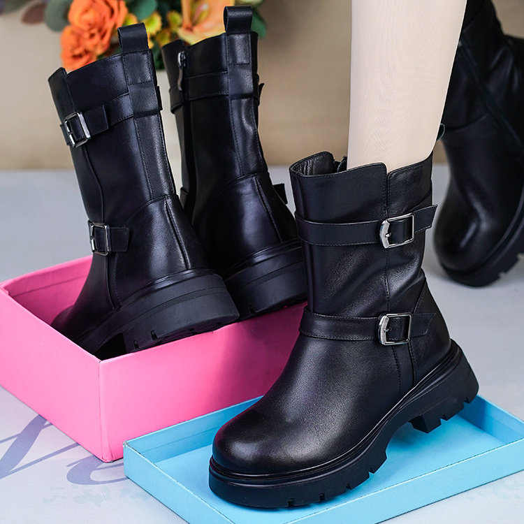 2025冬季新款真皮加绒马丁靴女头层牛皮厚底英伦风皮带扣中筒短靴,女鞋,马丁靴,淘宝优惠券,粉丝福利购,淘宝优惠卷
