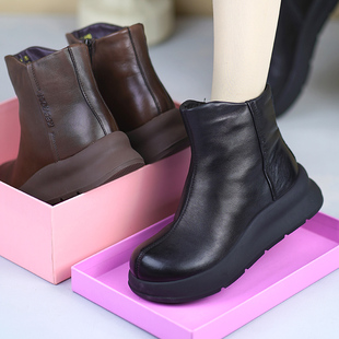 2025春秋新款真皮马丁靴圆头侧拉链厚底纯羊毛短靴女加绒坡跟棉靴