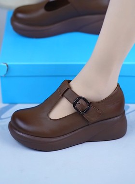 春秋新款圆头休闲复古厚底单鞋女