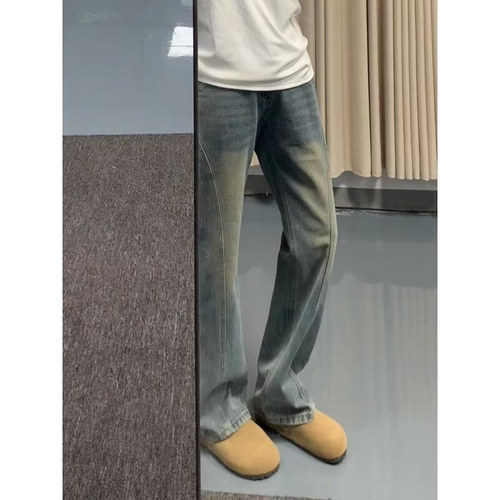 OUA美式复古直筒阔腿牛仔裤男cleanfit浅蓝色水洗宽松显高长裤子