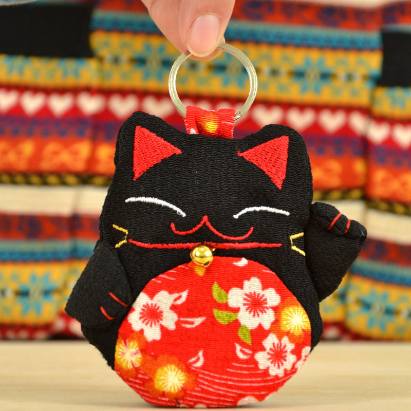 招财猫钥匙包 布艺 和风绉布女士抽拉个性钥匙袋可爱猫头钥匙包