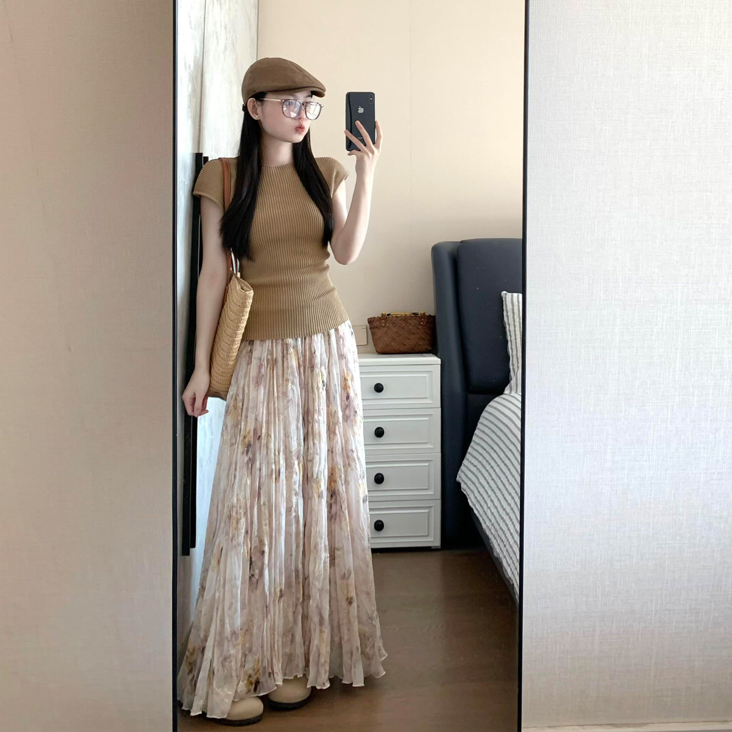 夏季碎花高腰A字长款半身裙套装