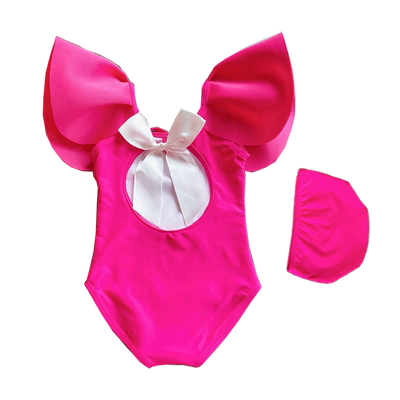 纯色背后亮面蝴蝶结连体女童泳衣