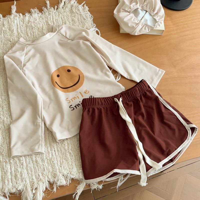 韩版新款男女童分体泳装可爱笑脸中小童长袖防晒泳装度假游泳衣