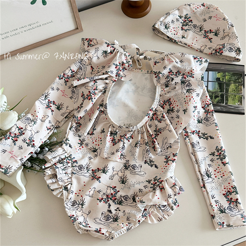 儿童泳衣女童长袖连体泳装花边露背女孩韩版新款沙滩泳装防晒泳衣