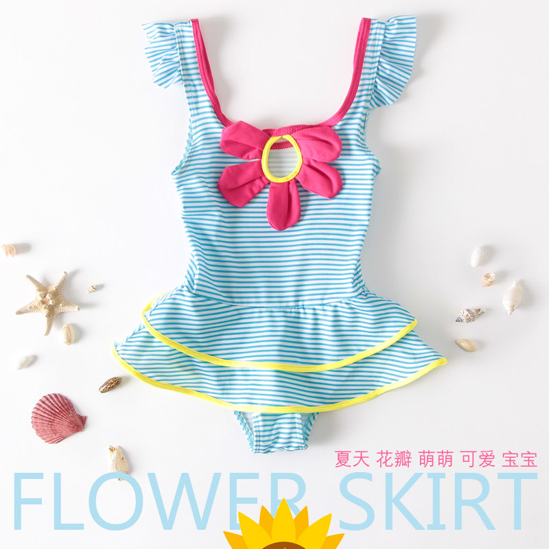 韩版儿童泳衣女童幼儿小女孩宝宝裙式可爱蝴蝶结连体条纹泳装