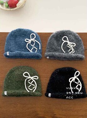 蝴蝶结针织堆堆帽女秋冬季日系复古大头围显脸小冷帽保暖包头帽子