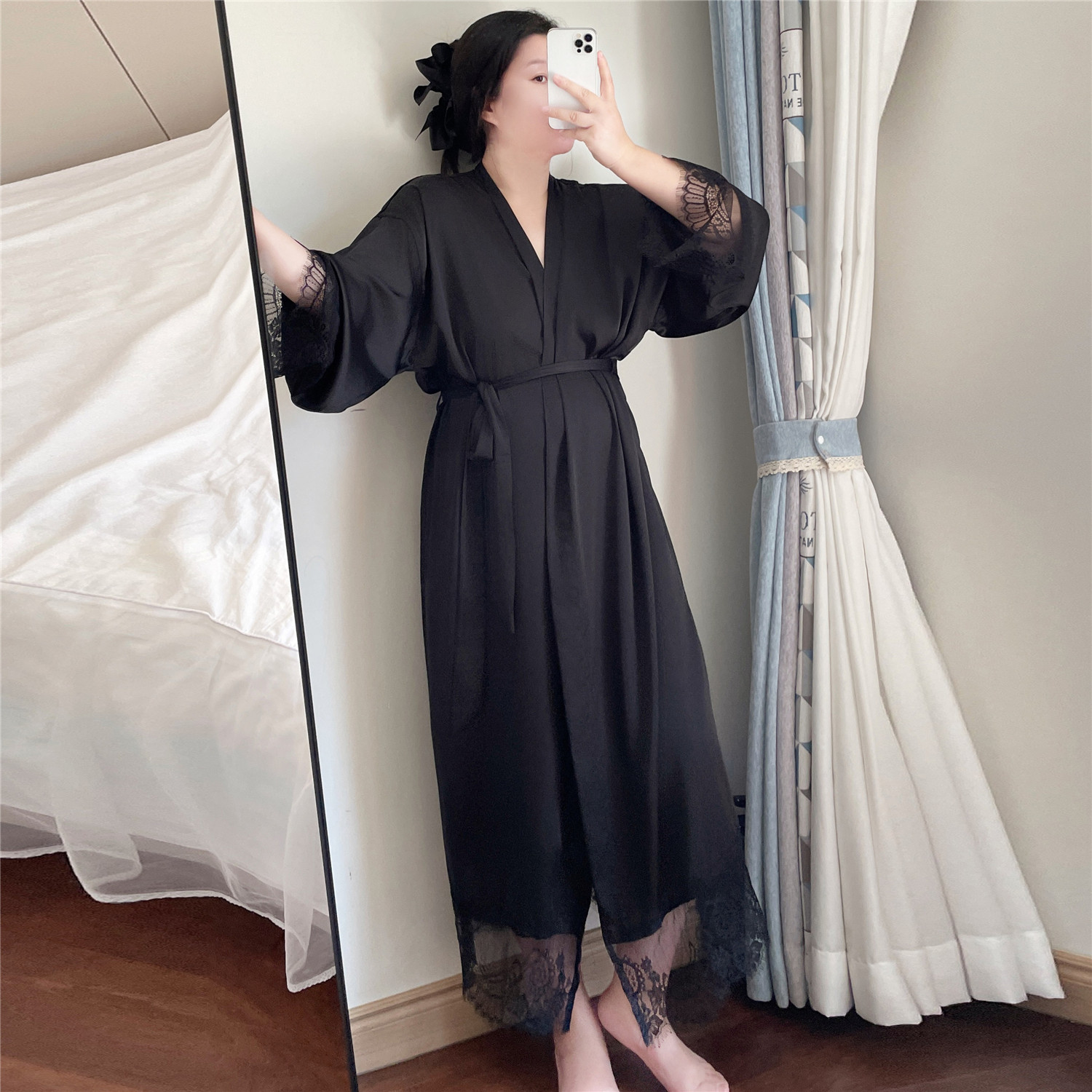 2-300斤加肥加大码女装胖mm性感睡衣冰丝过膝长款纯欲宫廷风睡袍