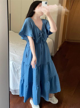 大码法式赫本风V领连衣裙女夏季胖m200斤梨型身材显瘦a字大摆长裙