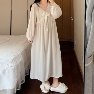 特大码胖MM温柔浪漫睡裙蕾丝缎面法式春秋长袖连衣裙外穿长款睡衣