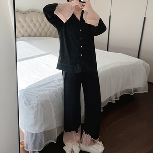 加大码胖mm180斤德绒睡衣女长袖秋冬开衫套装外穿家居服拼色长裤