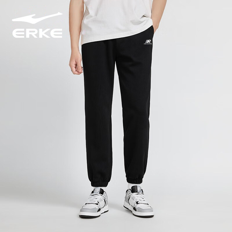 鸿星尔克黑色运动裤男士夏季针织九分裤透气舒适跑步收口束脚裤子