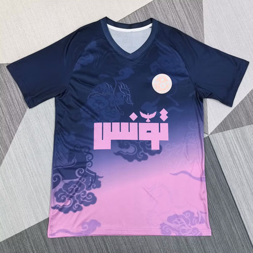 突尼斯粉蓝短袖足球训练服男上衣2526冷门球衣定制印号速干运动服