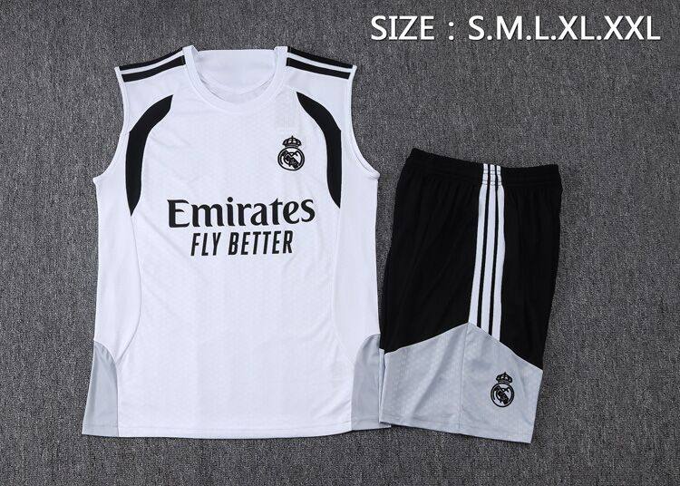 皇马复古白色无袖球衣男2526速干足球训练服背心短裤裤跑步运动服