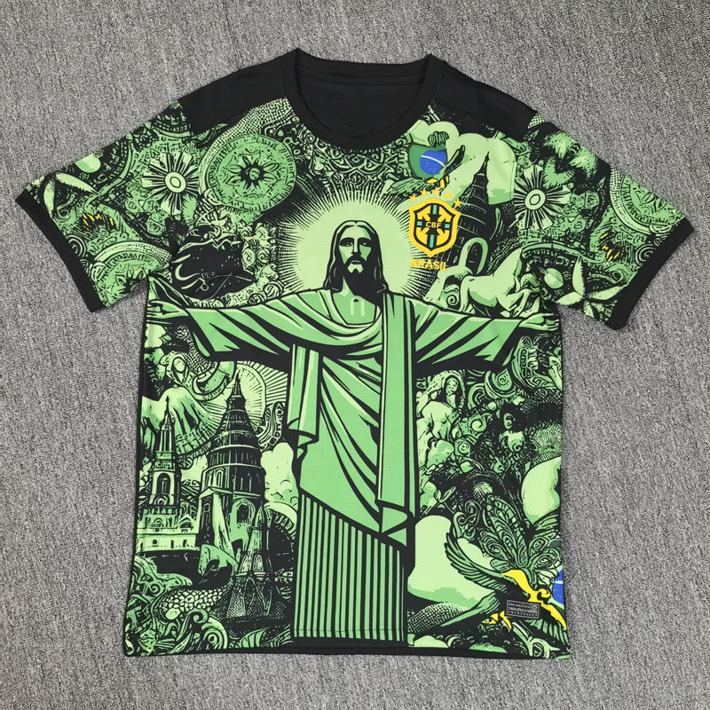 巴西复古足球服短袖训练上衣绿色个性男生宽松25-26运动球赛热身