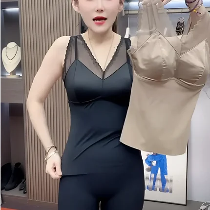 冰丝无痕缎面背心女吊带带胸垫文胸一体式纯色蕾丝打底上衣内搭潮