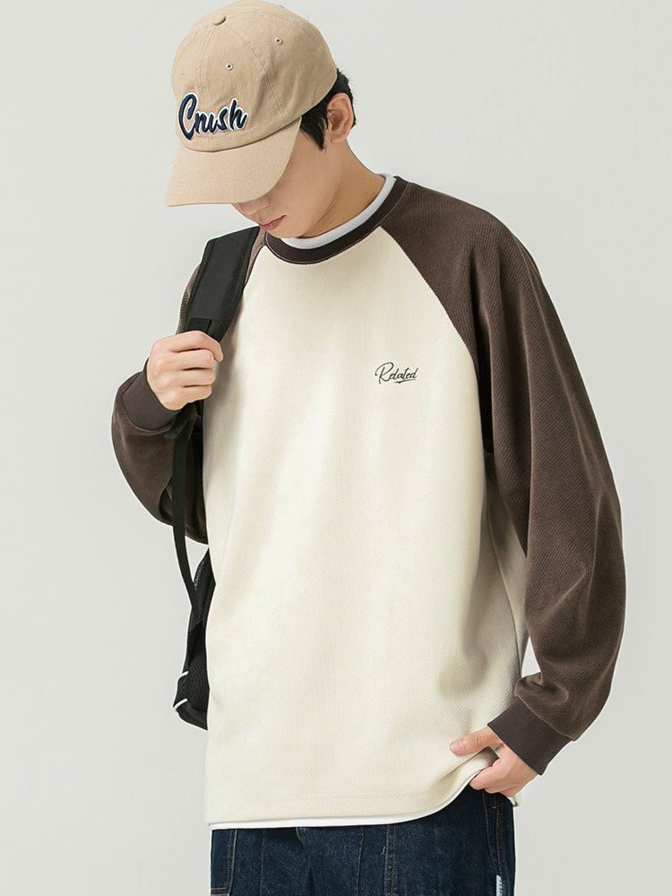 WOODSOON 헤비웨이트 스웨트 셔츠 남성 봄 가을 트렌디 브랜드 루즈 캐주얼 남성 라운드 넥 풀오버 라글란 슬리브 탑