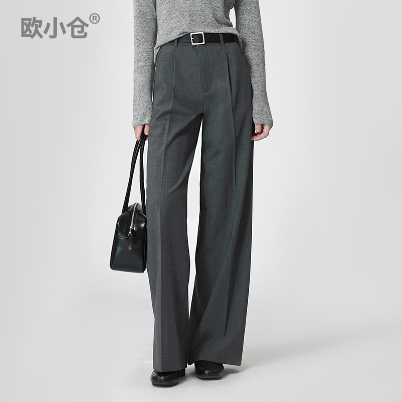 欧小仓奶茶系列 淡人高知穿搭灰色西装裤 超细100S美丽诺羊毛西裤